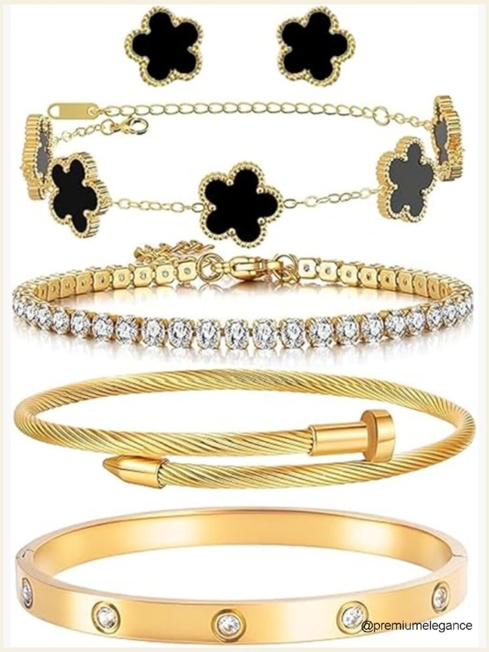 5pcs 18K Gold Plated Bangle & Tennis Bracelet Set Adjustable Stackable Jewelry